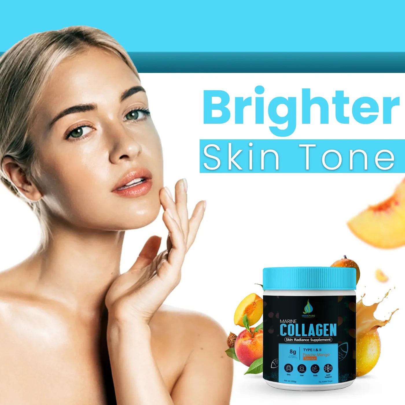 Vedapure Naturals Marine Collagen Skin Radiance Supplement | Hydrolyzed Collagen Powder with Amino Acids, Biotin, Vitamin C & E | For Healthy Skin, Joints, Hairs & Nails| Peachy Mango, 210g