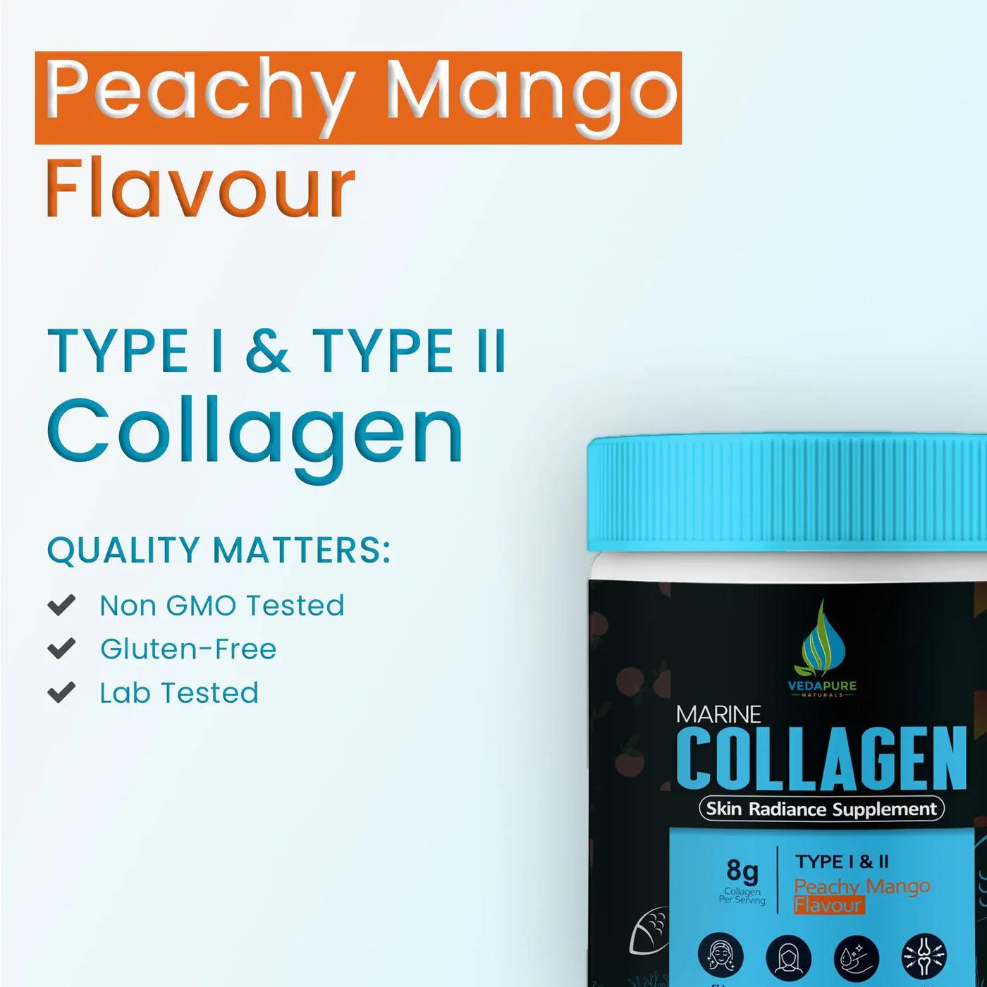 Vedapure Naturals Marine Collagen Skin Radiance Supplement | Hydrolyzed Collagen Powder with Amino Acids, Biotin, Vitamin C & E | For Healthy Skin, Joints, Hairs & Nails| Peachy Mango, 210g