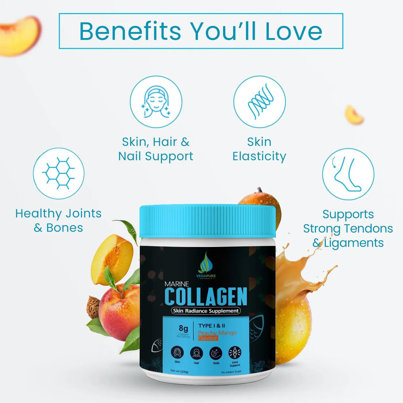 Vedapure Naturals Marine Collagen Skin Radiance Supplement | Hydrolyzed Collagen Powder with Amino Acids, Biotin, Vitamin C & E | For Healthy Skin, Joints, Hairs & Nails| Peachy Mango, 210g