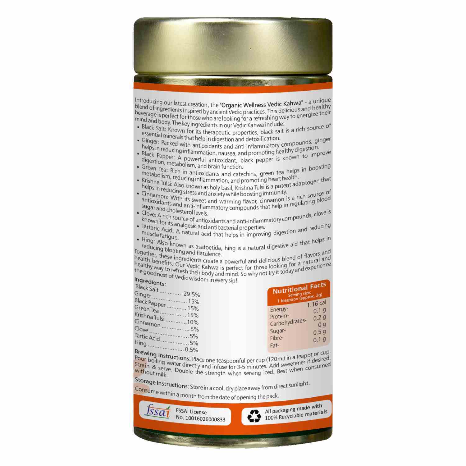 Organic Wellness Vedic Kahwa Tea 100 Gram Tin