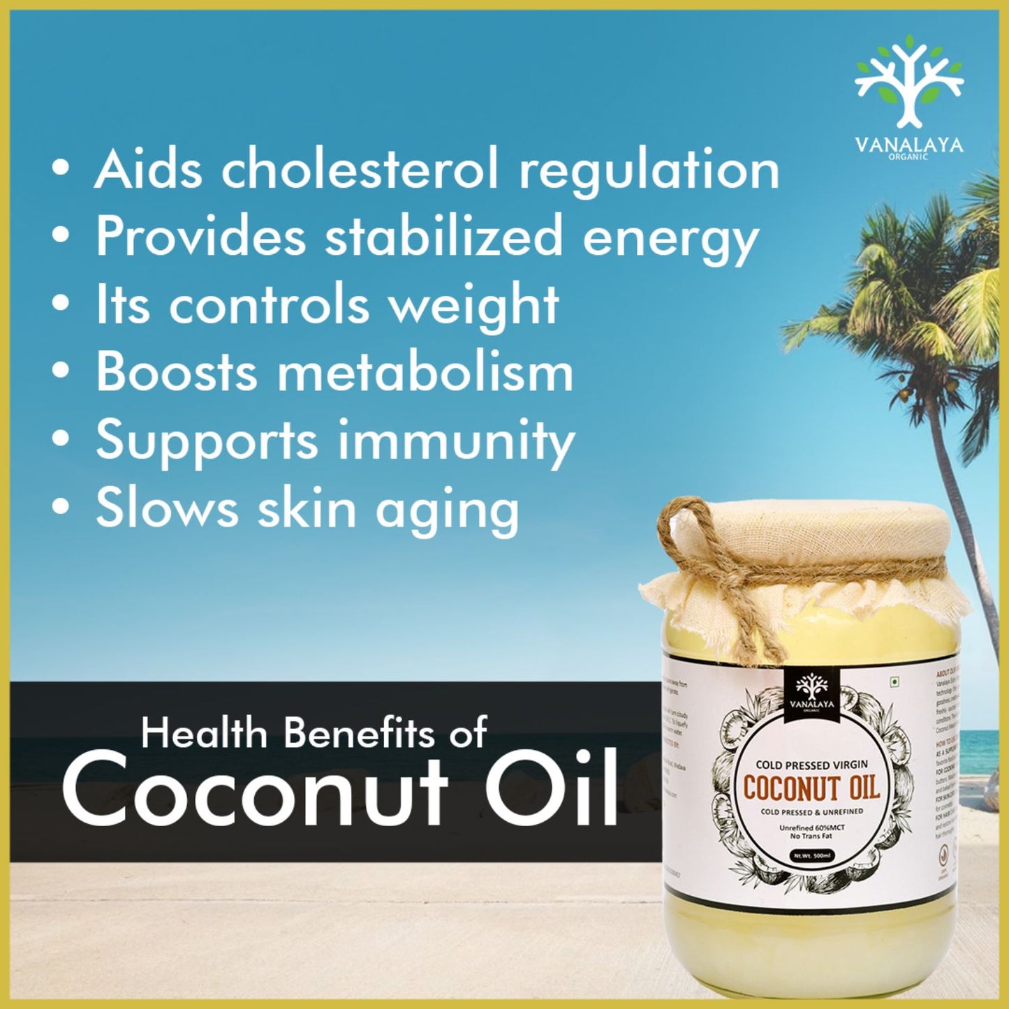 Vanalaya Cold Pressed Virgin Coconut oil Edible oil for Cooking skin Hair and Skin - 500ml