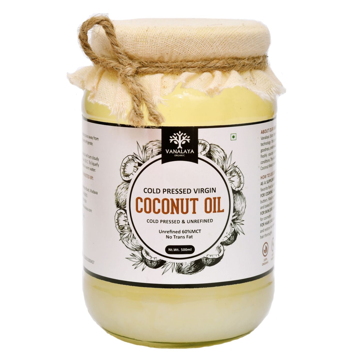 Vanalaya Cold Pressed Virgin Coconut oil Edible oil for Cooking skin Hair and Skin - 500ml