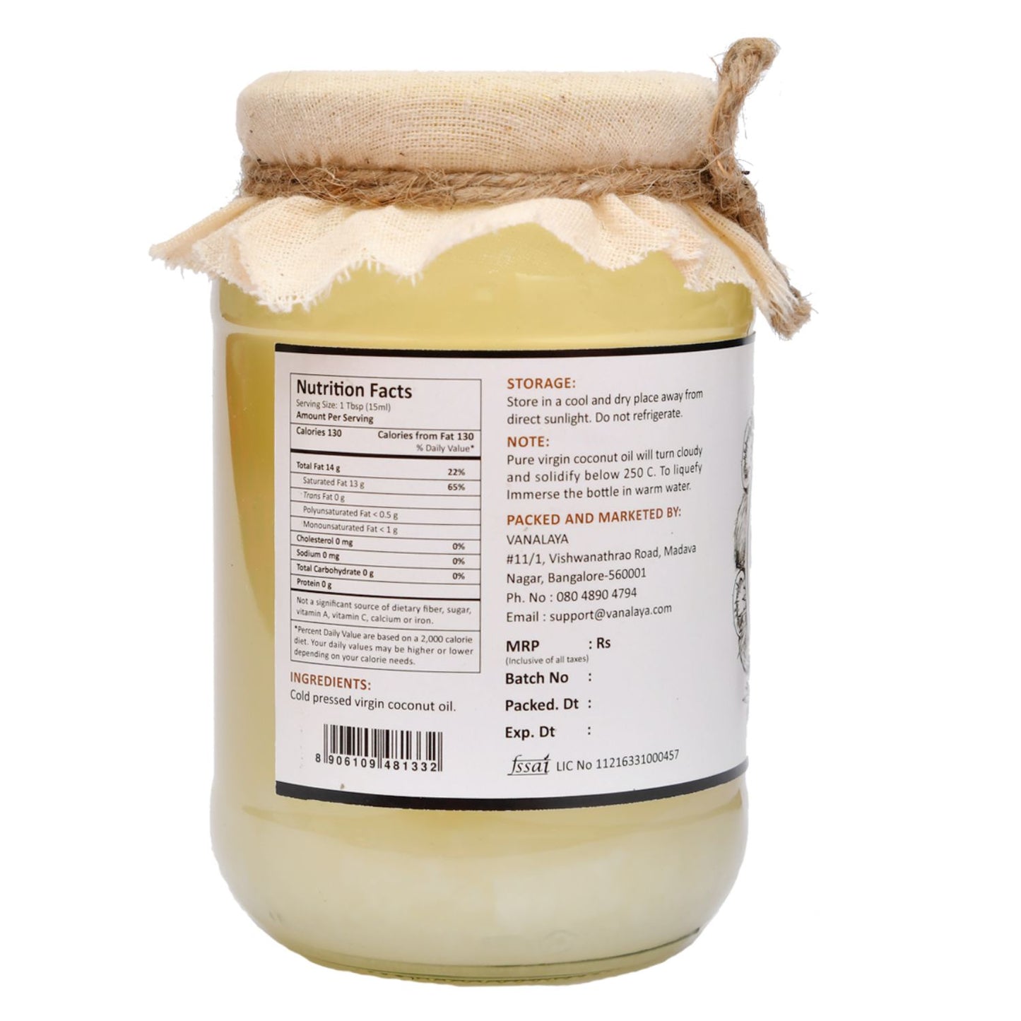 Vanalaya Cold Pressed Virgin Coconut oil Edible oil for Cooking skin Hair and Skin - 500ml