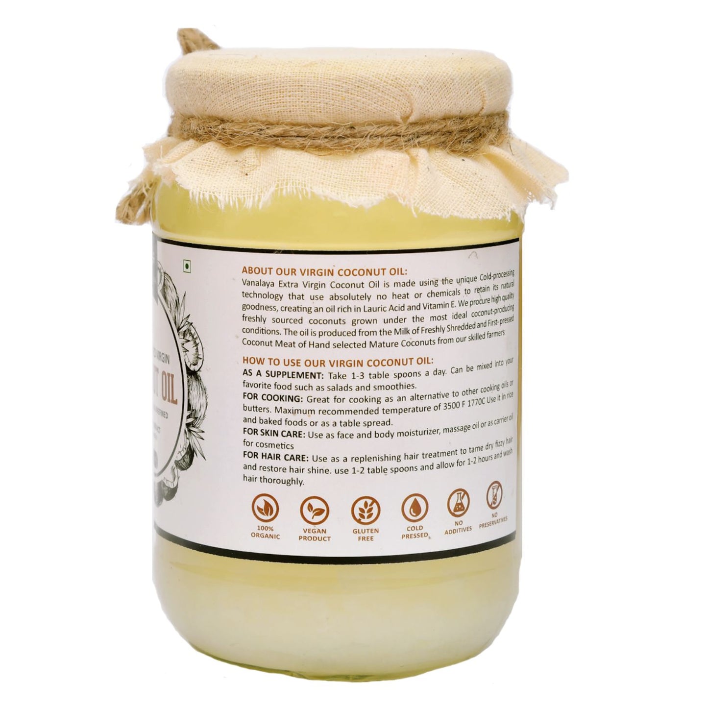 Vanalaya Cold Pressed Virgin Coconut oil Edible oil for Cooking skin Hair and Skin - 500ml