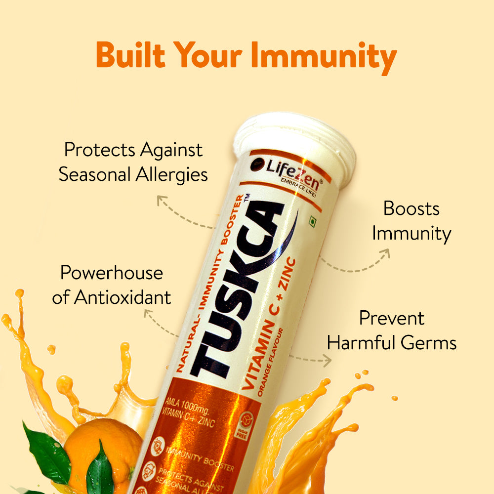 Lifezen Tuskca Vitamin C + Zinc 1000Mg | Natural Amal Extract, Antioxidant, Immunity Booster | 20 Effervescent Tablet (Pack of 1) Orange Flavour