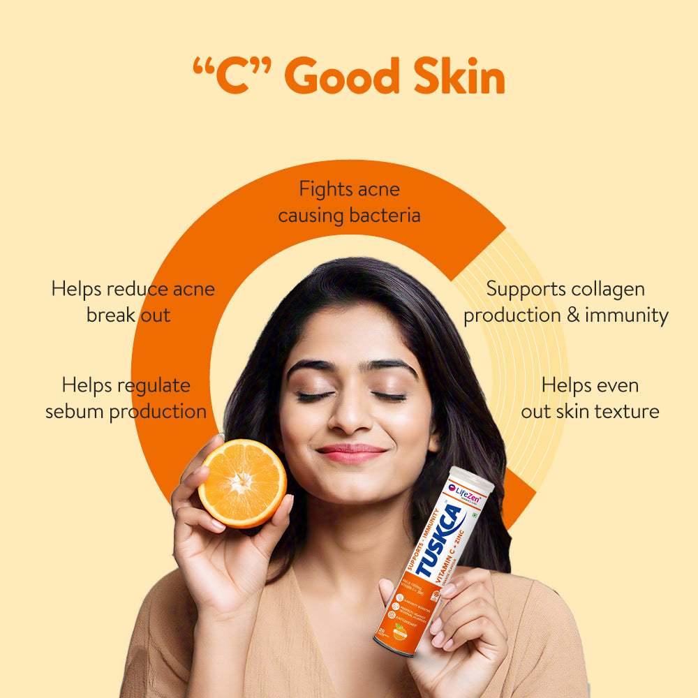 Lifezen Tuskca Vitamin C + Zinc 1000Mg | Natural Amal Extract, Antioxidant, Immunity Booster | 20 Effervescent Tablet (Pack of 1) Orange Flavour