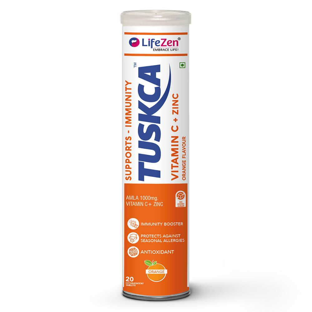 Lifezen Tuskca Vitamin C + Zinc 1000Mg | Natural Amal Extract, Antioxidant, Immunity Booster | 20 Effervescent Tablet (Pack of 1) Orange Flavour