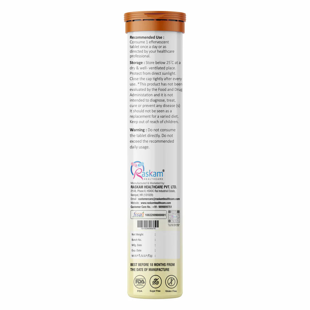 Raskam Vitamin C Effervescent Tablets with Zinc + Vitamin D3 | Natural and Organic Immunity Booster | Refreshing Orange Flavor | 500mg Vitamin C (Pack of 15 Effervescent Tablets)