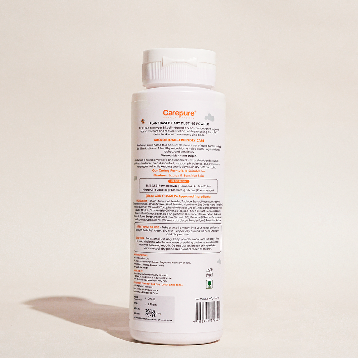 Carepure Plant-Based Soothing Baby Dusting Powder | 100% Talc-Free, Cornstarch & Arrowroot Moisture-Absorbing Powder