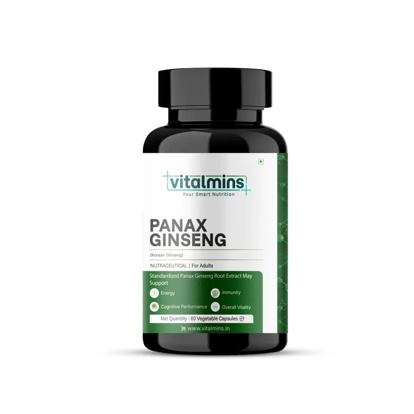 Vitalmins Panax Ginseng Capsules | Premium Korean Red Ginseng Extract for Physical Stamina, Mental Focus & Immunity – 60 Veg Capsules
