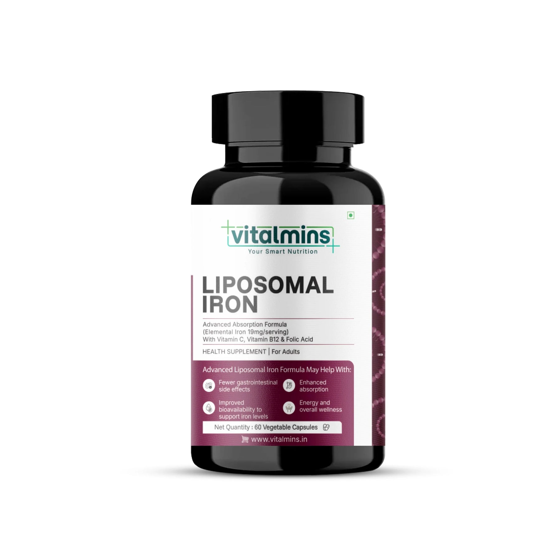 Vitalmins Liposomal Iron Capsules | Gentle, Non-Constipating Formula to Boost Energy, Hemoglobin & Healthy Iron Levels – 60 Veg Capsules