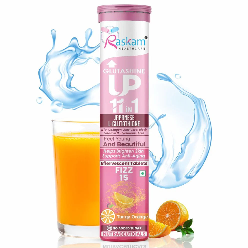 Raskam Glutashine Up 11 In 1 |Japanese L-Glutathione With Collagen | Aloe vera| Biotin | Vitamin-C | Hyaluronic Acid For Skin Glow & Hydration | 15 Fizz Tablets | In Orange Flavor