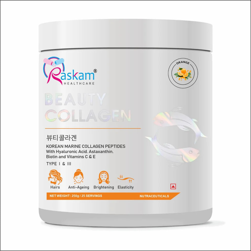 Raskam Beauty Collagen Powder for Men & Women | Collagen Powder with Biotin, Vitamins C & E for Hair, Nails, Skin Radiance & Anti-Aging Flav- Orange (250gm)