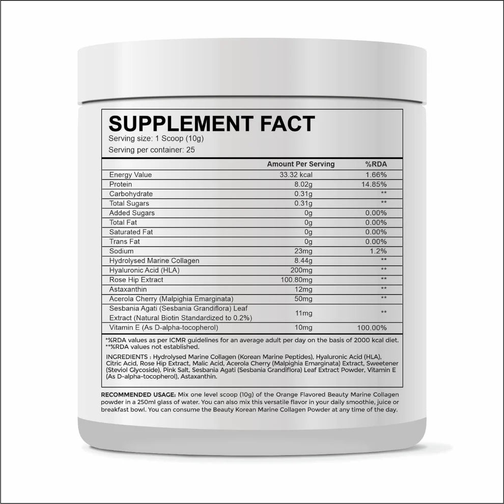 Raskam Beauty Collagen Powder for Men & Women | Collagen Powder with Biotin, Vitamins C & E for Hair, Nails, Skin Radiance & Anti-Aging Flav- Orange (250gm)