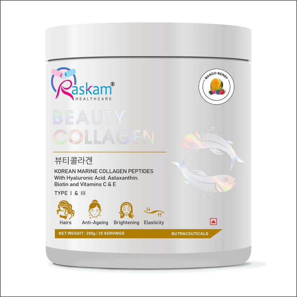 Raskam Beauty Collagen Powder for Men & Women | Collagen Powder with Biotin, Vitamins C & E for Hair, Nails, Skin Radiance & Anti-Aging Flav- Mango Berry (250 gm)