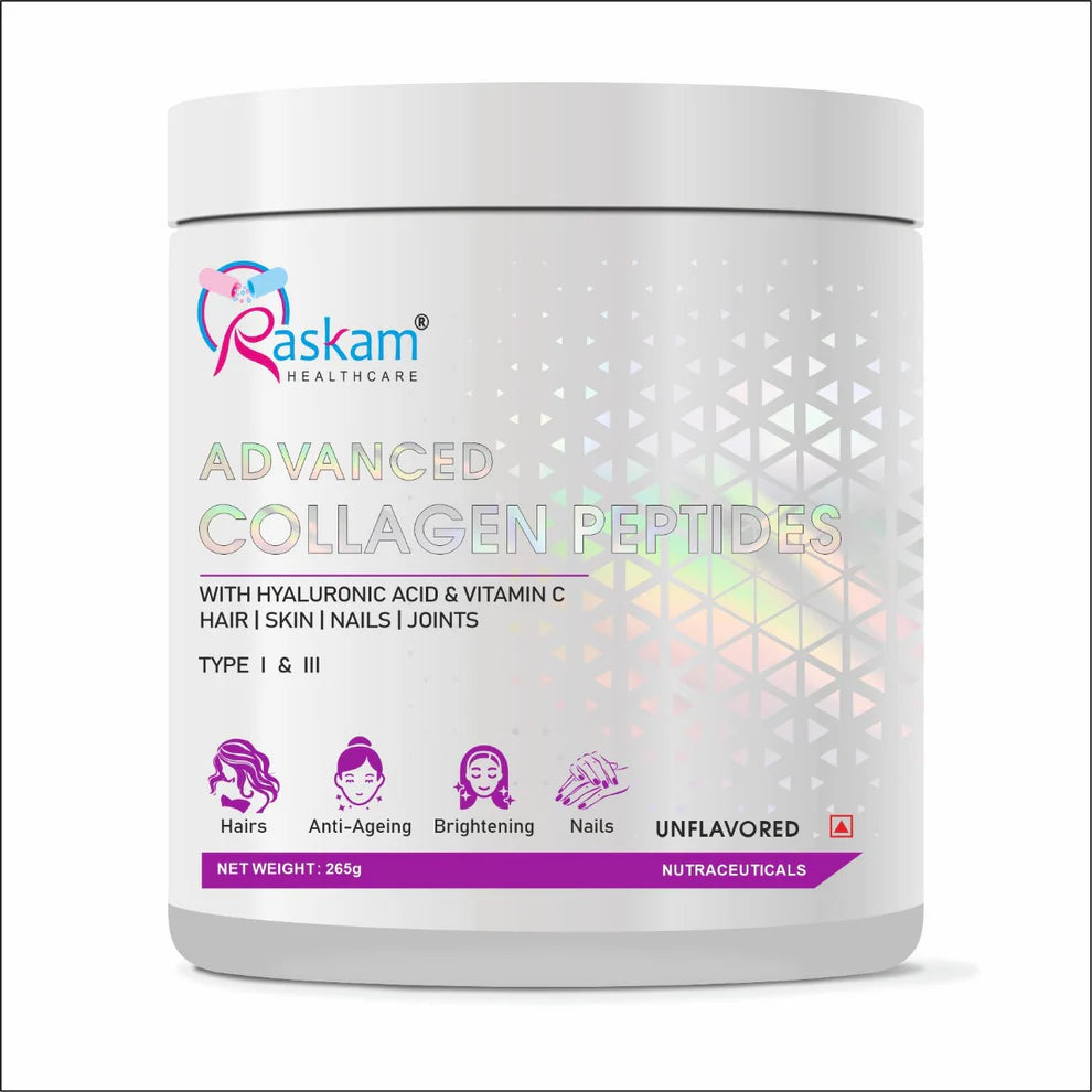 Raskam Advanced Collagen Peptides Powder for Men & Women | Collagen Powder with Biotin, Vitamins C & E for Hair, Nails, Skin Radiance & Anti-Aging Flav- Unflavored (265gm)