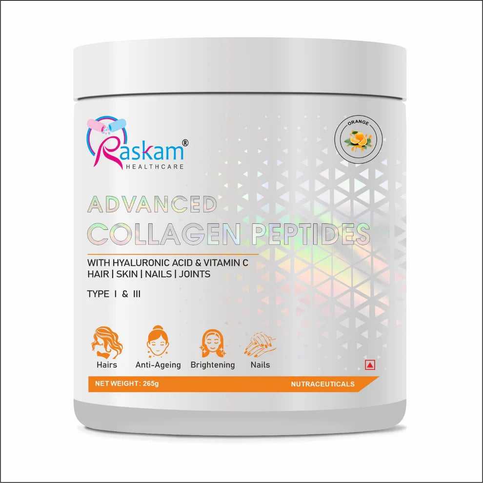 Raskam Advanced Collagen Peptides Powder for Men & Women | Collagen Powder with Biotin, Vitamins C & E for Hair, Nails, Skin Radiance & Anti-Aging Flav- Orange (265gm)