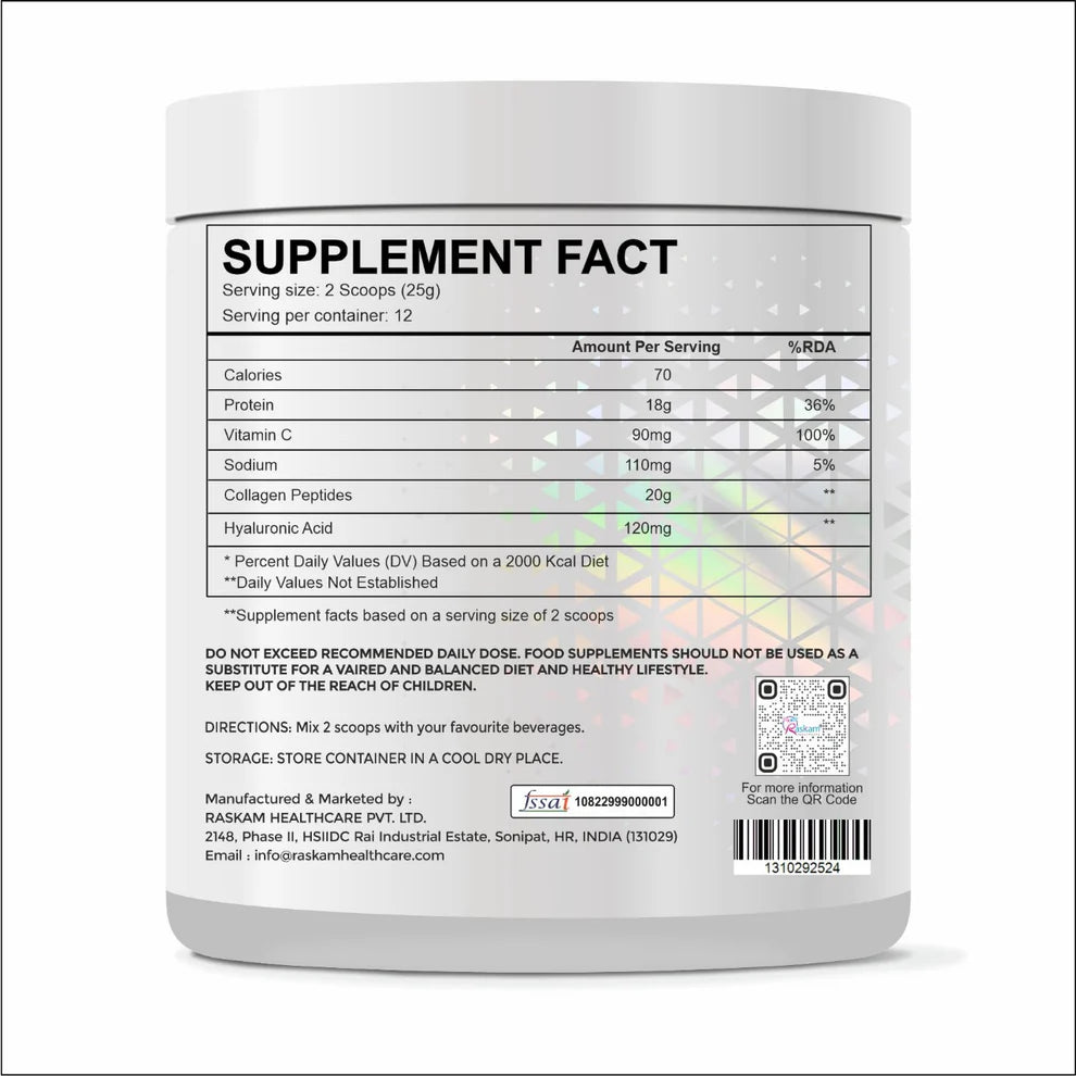 Raskam Advanced Collagen Peptides Powder for Men & Women | Collagen Powder with Biotin, Vitamins C & E for Hair, Nails, Skin Radiance & Anti-Aging Flav- Orange (265gm)