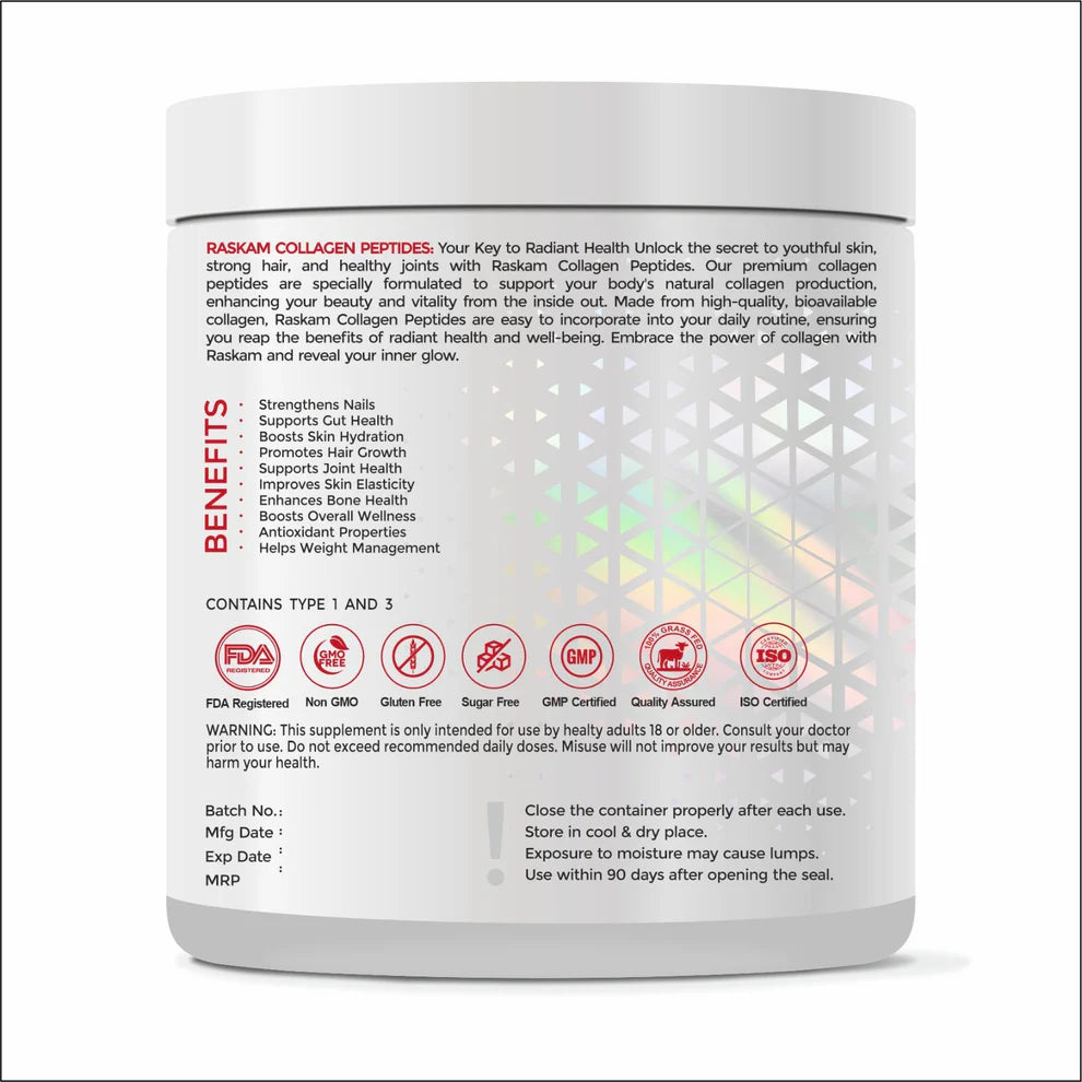 Raskam Advanced Collagen Peptides Powder for Men & Women | Collagen Powder with Biotin, Vitamins C & E for Hair, Nails, Skin Radiance & Anti-Aging Flav- Strawberry (265gm)