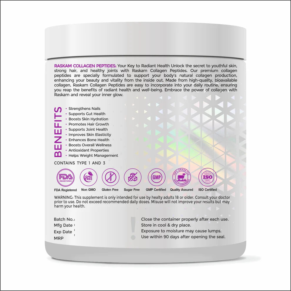 Raskam Advanced Collagen Peptides Powder for Men & Women | Collagen Powder with Biotin, Vitamins C & E for Hair, Nails, Skin Radiance & Anti-Aging Flav- Unflavored (265gm)