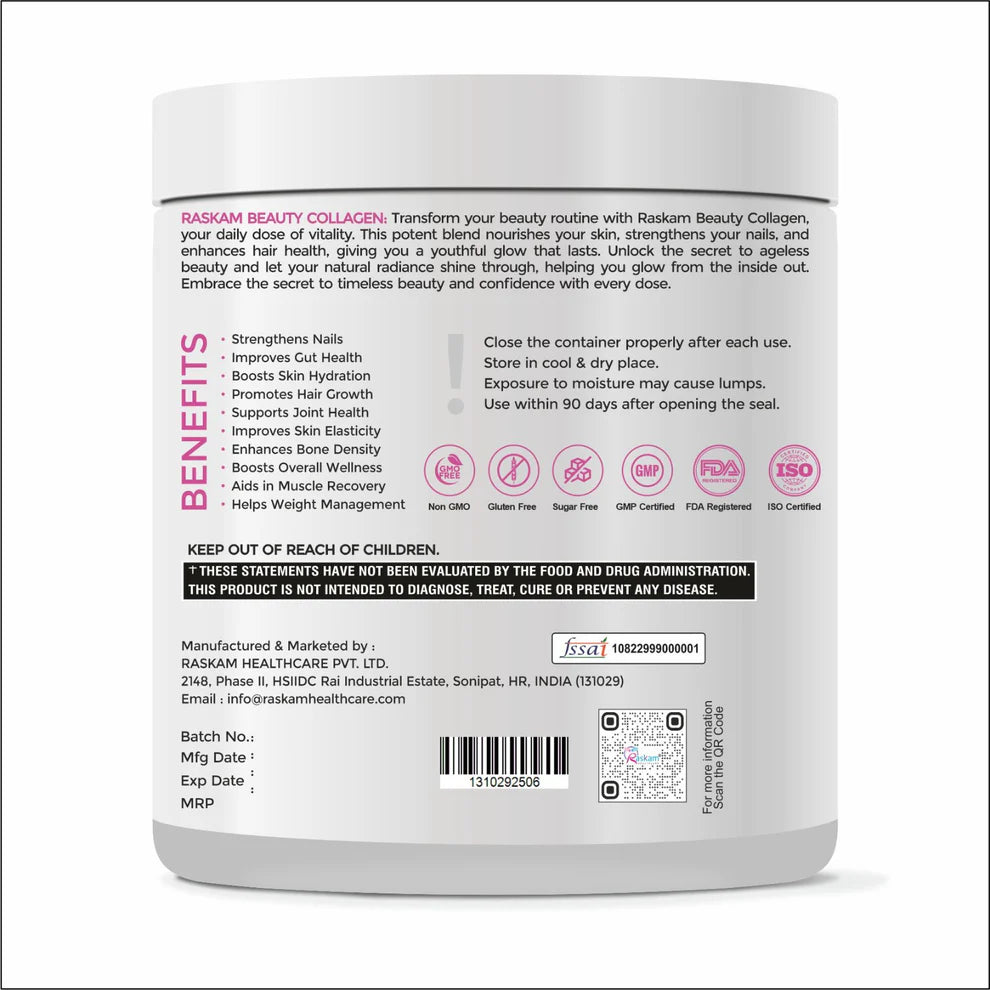 Raskam Beauty Collagen Powder for Men & Women | Collagen Powder with Biotin, Vitamins C & E for Hair, Nails, Skin Radiance & Anti-Aging Flav- Mix Berry (250gm)
