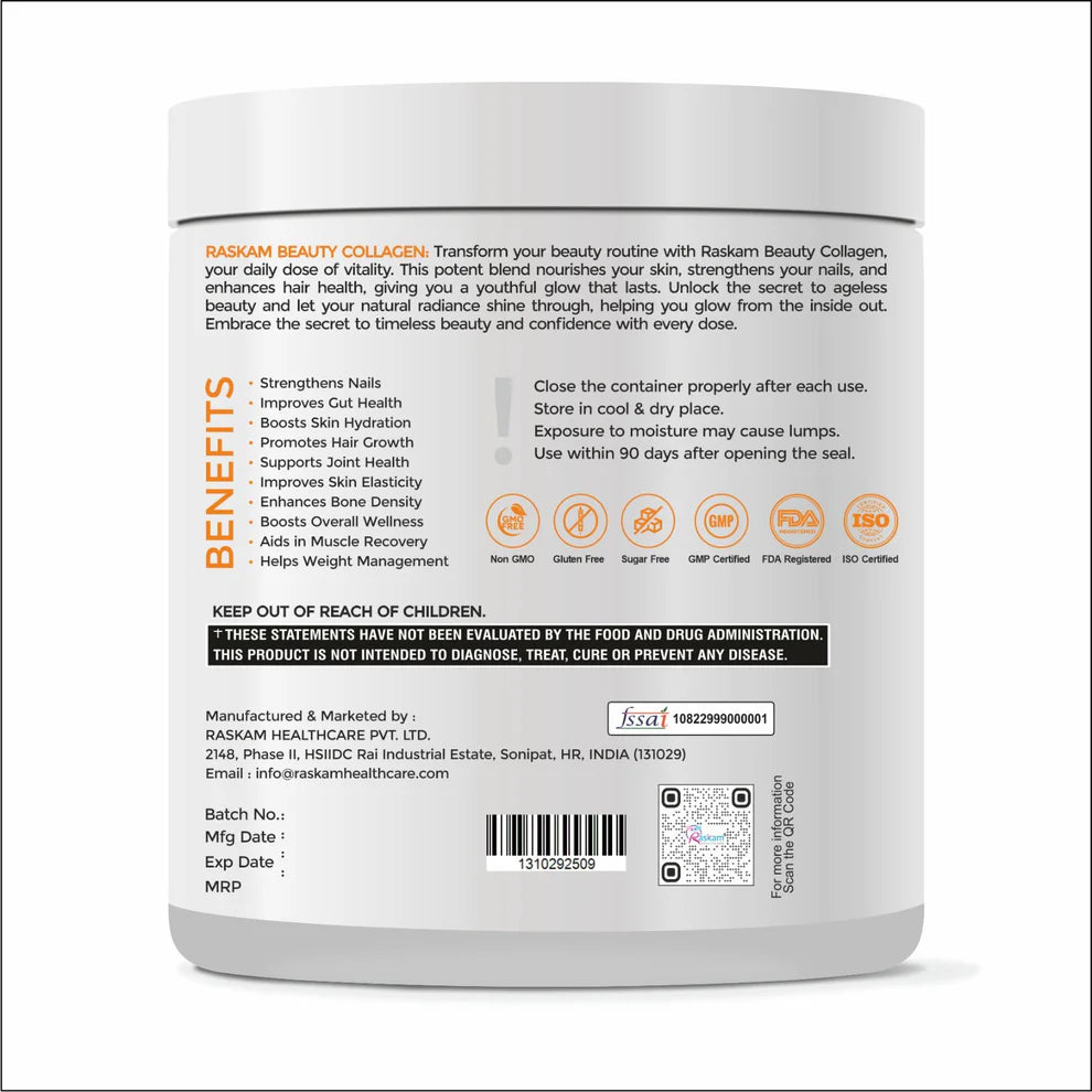 Raskam Beauty Collagen Powder for Men & Women | Collagen Powder with Biotin, Vitamins C & E for Hair, Nails, Skin Radiance & Anti-Aging Flav- Orange (250gm)