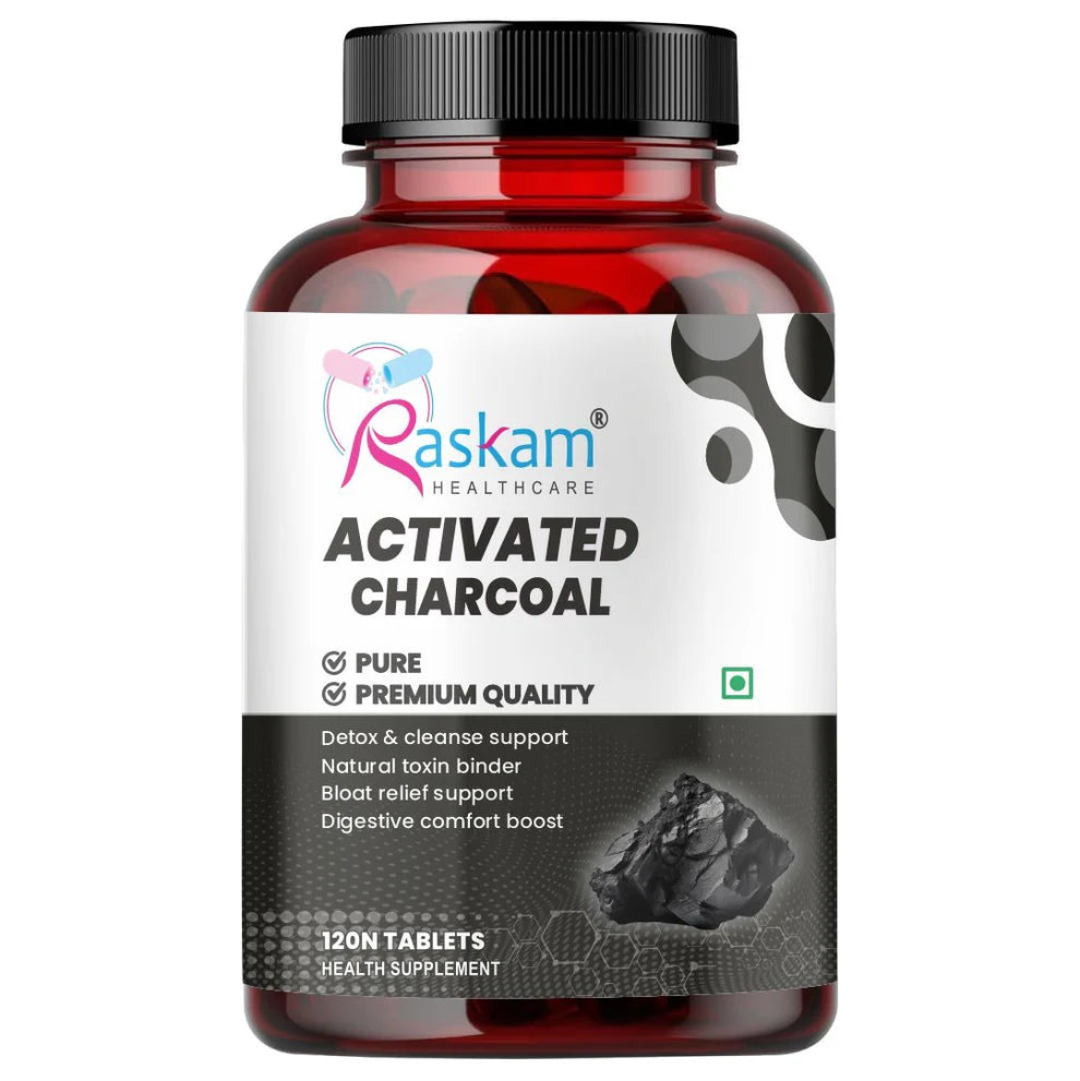 Raskam Activated Charcoal Tablets 600mg – natural detox & digestive cleanser | supports bloating relief & gas | 120 vegan tablets