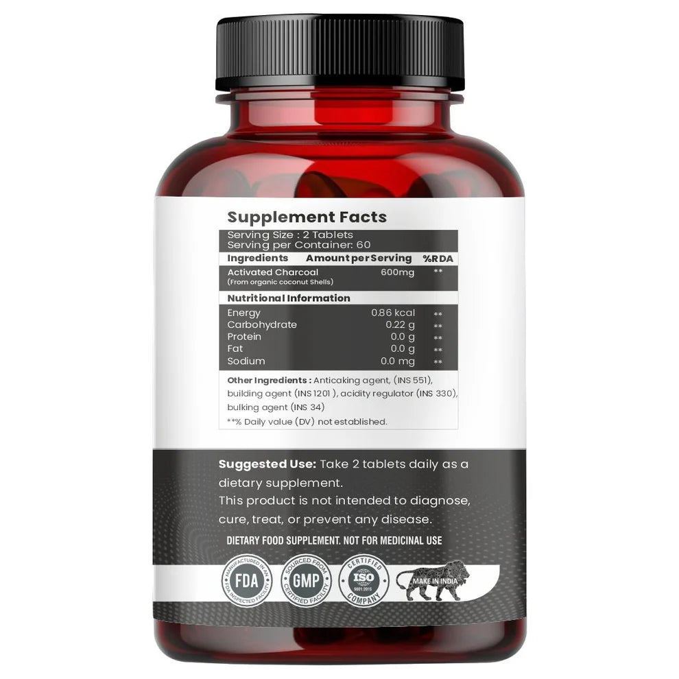 Raskam Activated Charcoal Tablets 600mg – natural detox & digestive cleanser | supports bloating relief & gas | 120 vegan tablets