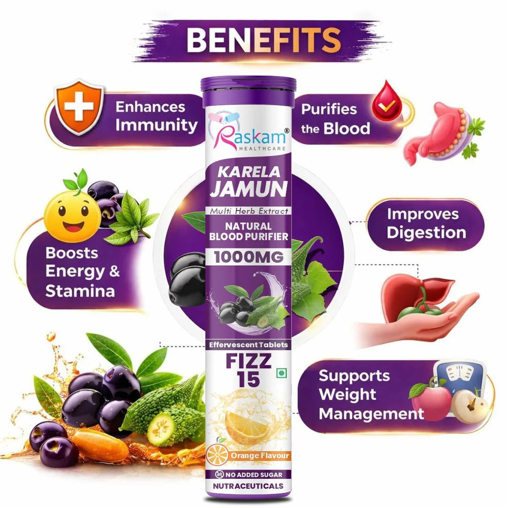 Raskam Karela Jamun with Multi Herb Extract Effervescent Tablets | Helps in High Sugar Condition | Promotes Healthy Glucose Metabolism | Diabetes Management | Boosts Digestive Health | Tangy Orange Flavor 15 Fizz Tablets