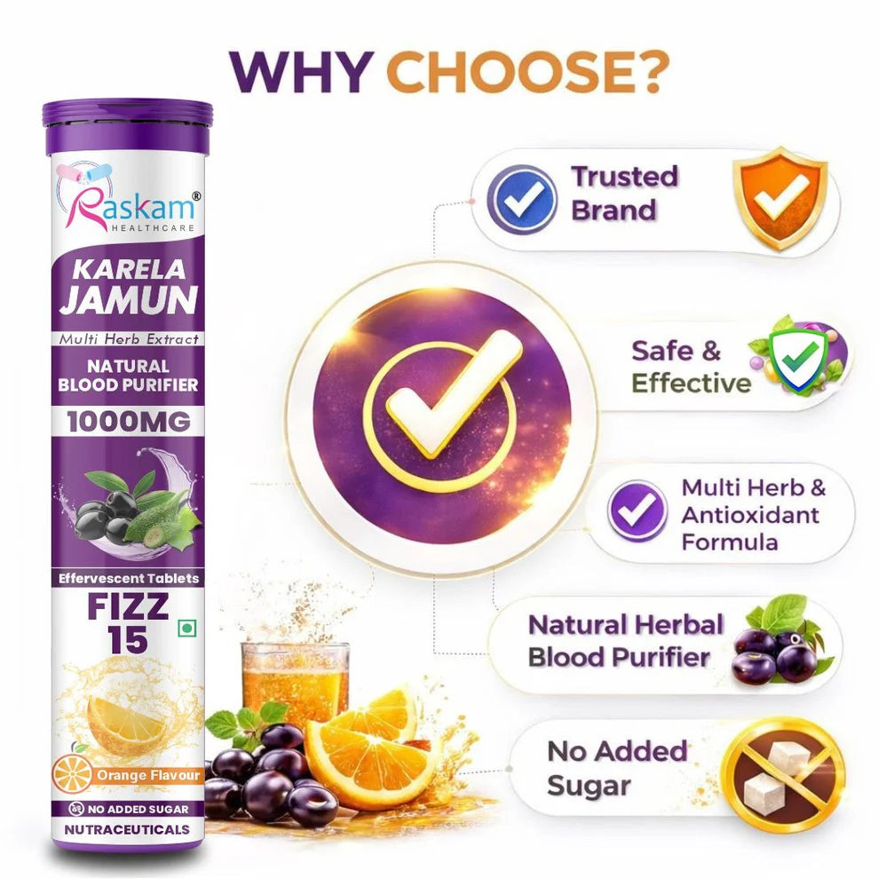 Raskam Karela Jamun with Multi Herb Extract Effervescent Tablets | Helps in High Sugar Condition | Promotes Healthy Glucose Metabolism | Diabetes Management | Boosts Digestive Health | Tangy Orange Flavor 15 Fizz Tablets