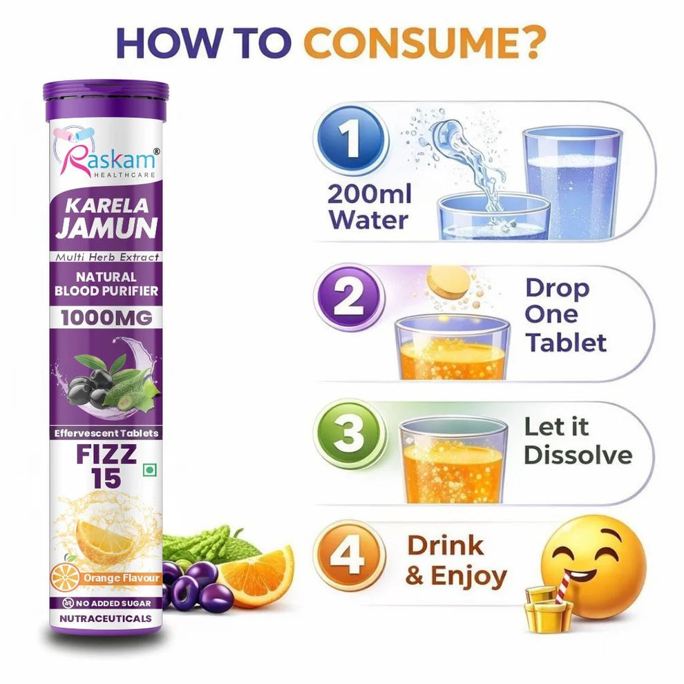 Raskam Karela Jamun with Multi Herb Extract Effervescent Tablets | Helps in High Sugar Condition | Promotes Healthy Glucose Metabolism | Diabetes Management | Boosts Digestive Health | Tangy Orange Flavor 15 Fizz Tablets