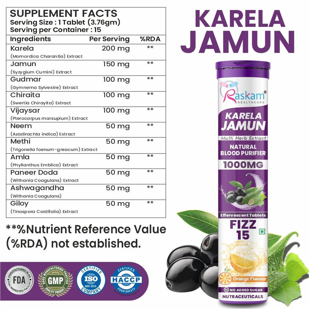 Raskam Karela Jamun with Multi Herb Extract Effervescent Tablets | Helps in High Sugar Condition | Promotes Healthy Glucose Metabolism | Diabetes Management | Boosts Digestive Health | Tangy Orange Flavor 15 Fizz Tablets