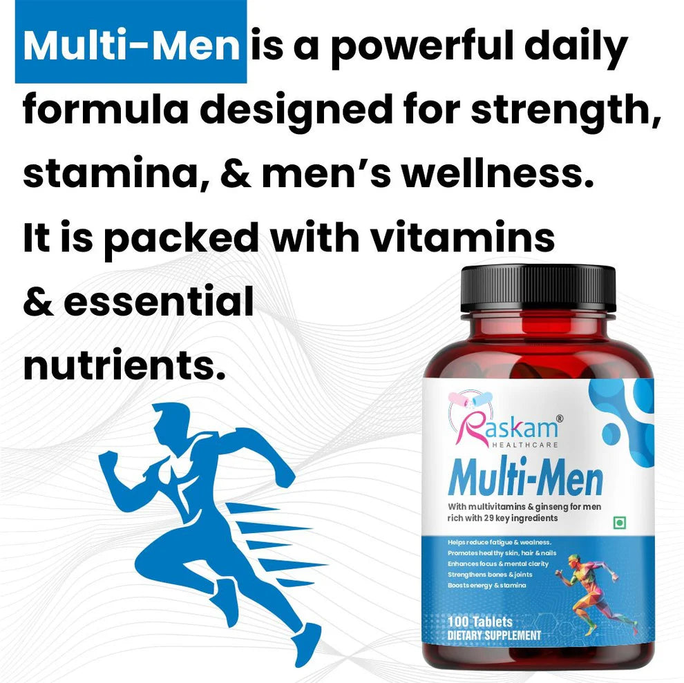 Raskam Multi Men - 100 Tablets - Multivitamin for Men with Panax Ginseng, Gingko Biloba & 29 vital Nutrients for Overall Health, Vitality , Strong Bones & Immunity