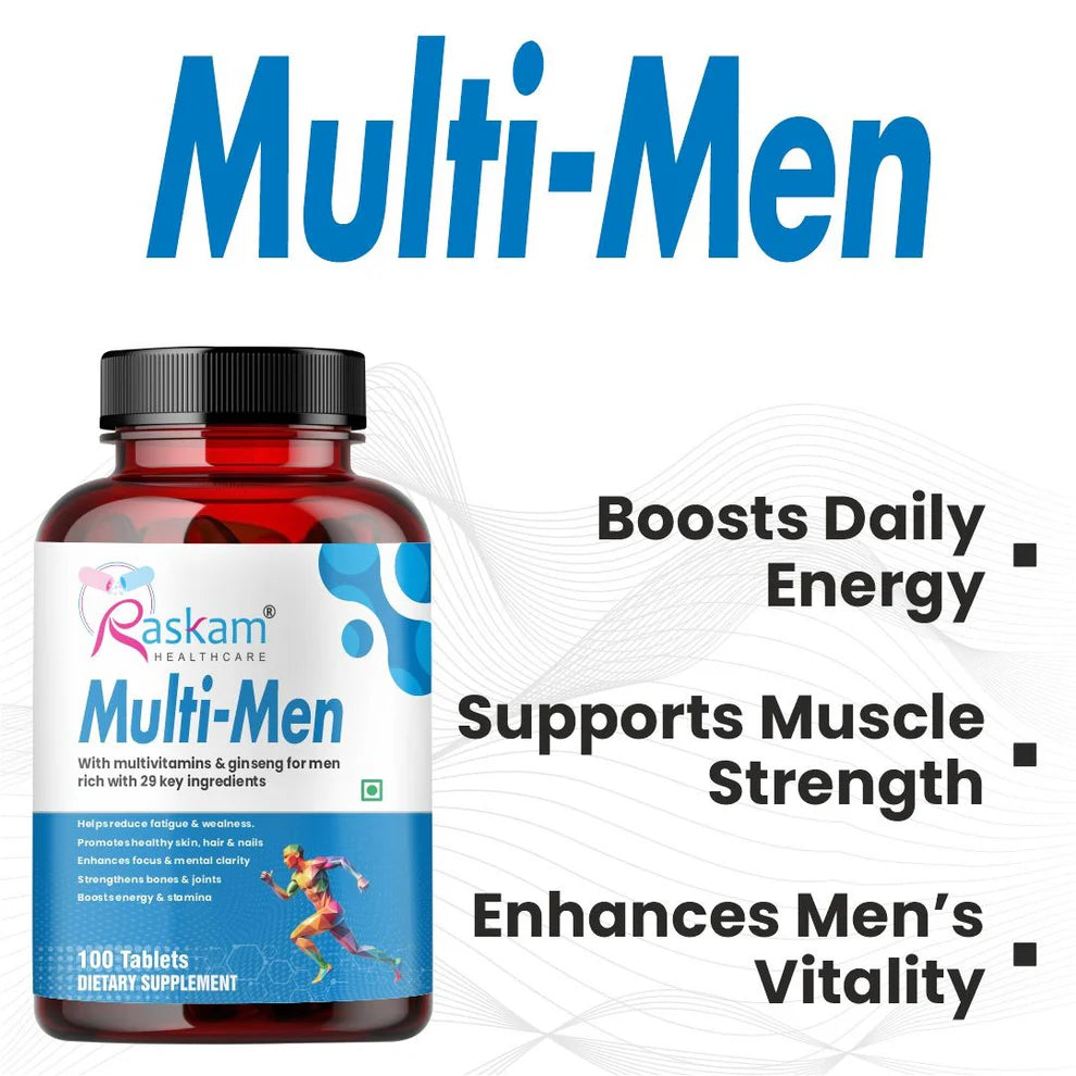 Raskam Multi Men - 100 Tablets - Multivitamin for Men with Panax Ginseng, Gingko Biloba & 29 vital Nutrients for Overall Health, Vitality , Strong Bones & Immunity