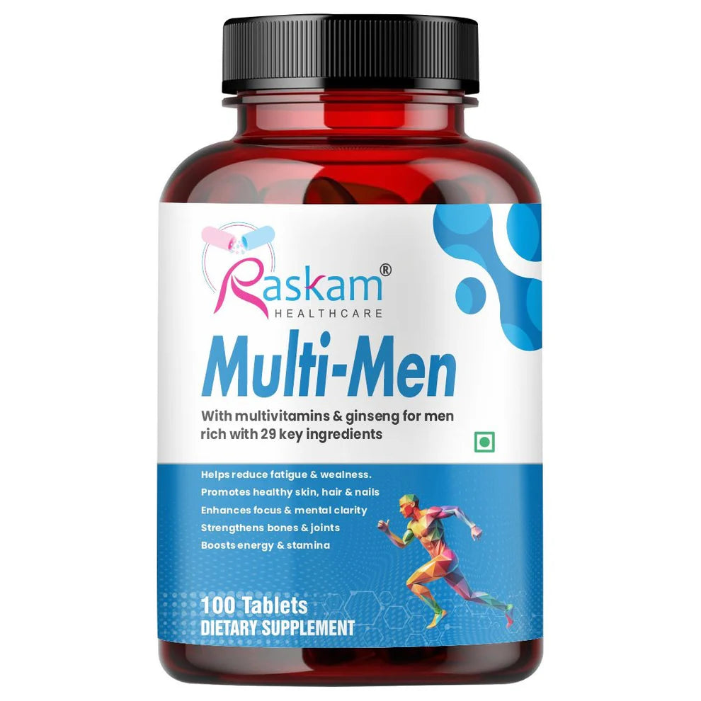 Raskam Multi Men - 100 Tablets - Multivitamin for Men with Panax Ginseng, Gingko Biloba & 29 vital Nutrients for Overall Health, Vitality , Strong Bones & Immunity