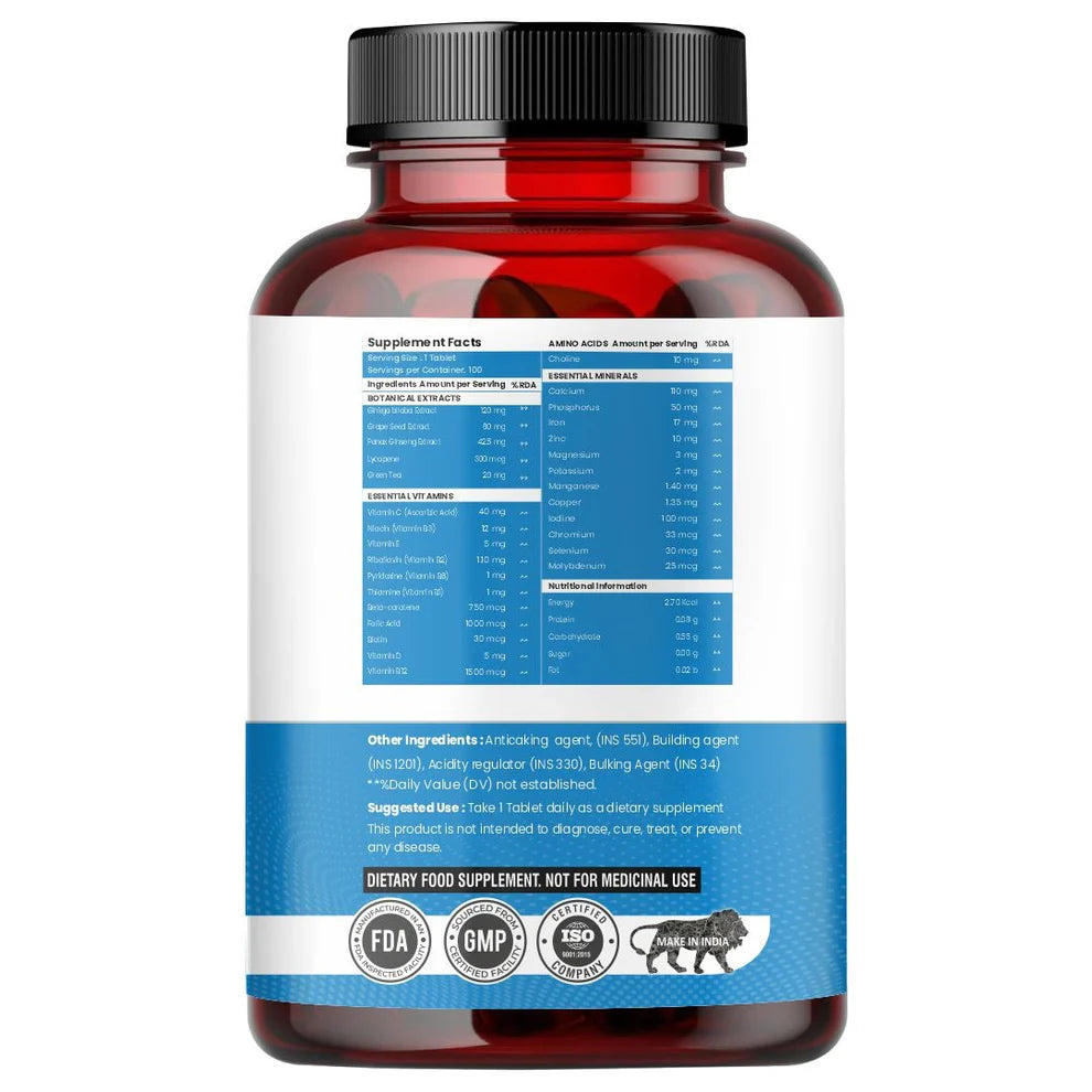 Raskam Multi Men - 100 Tablets - Multivitamin for Men with Panax Ginseng, Gingko Biloba & 29 vital Nutrients for Overall Health, Vitality , Strong Bones & Immunity