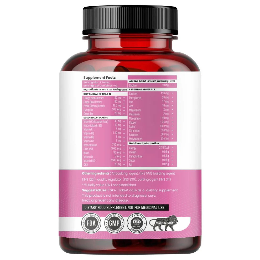 Raskam Multi Women - 100 Tablets - Multivitamin for Women with Biotin, Vitamin C & 29 vital Nutrients for Overall Health, Radiance, Strong Bones & Immunity