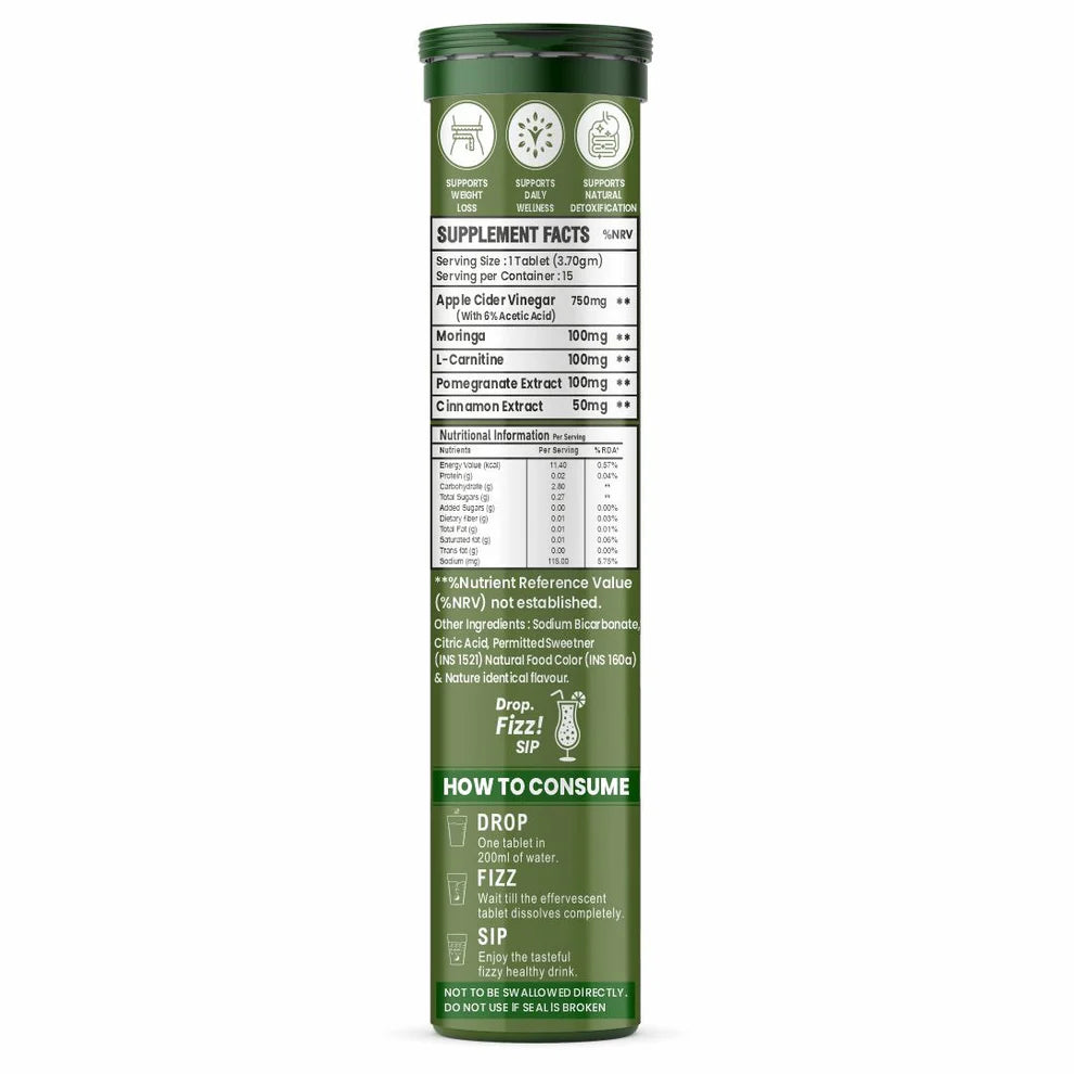 Raskam ACV Moringa 5 in 1 formula Effervescent Tablets Helps To Turn Fat Into Energy | With Carnitine, Pomegranate & Cinnamon | Supports Fat Burn | Weight Loss Drink for Women, Men | No Added Sugar | Orange Flavor | 15 Fizz Tablets (1100mg)
