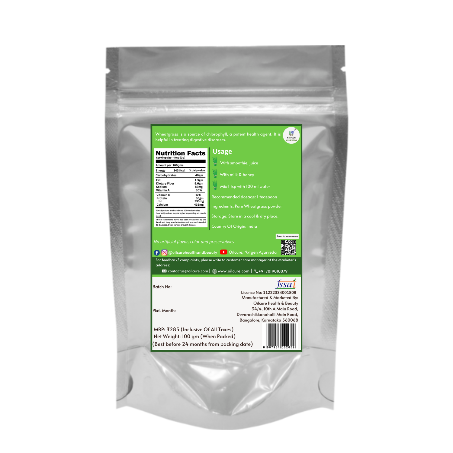 Nxtgen Ayurveda Wheat Grass Powder - 100 gms (Pack of 2)