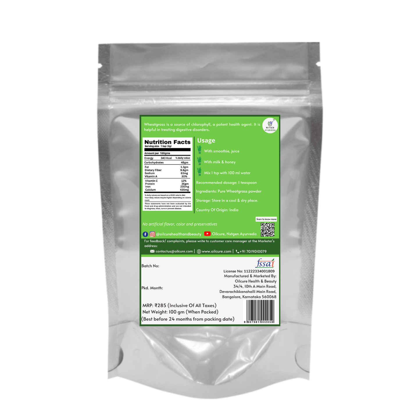 Nxtgen Ayurveda Wheat Grass Powder - 100 gms (Pack of 2)