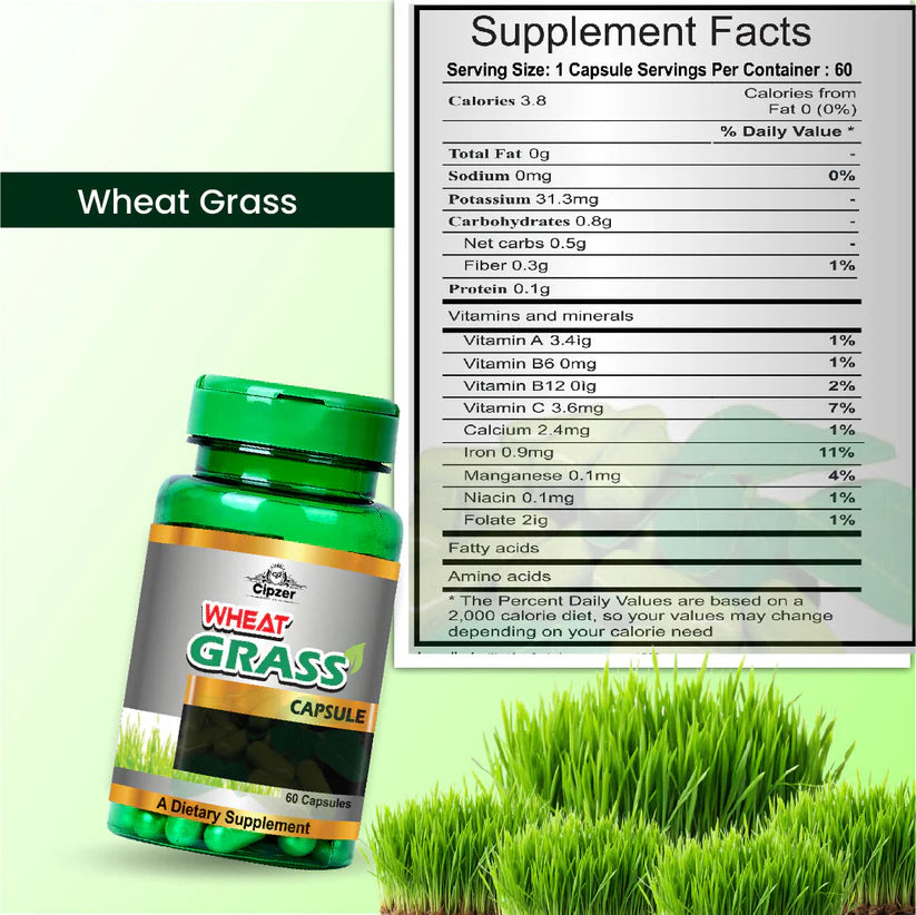 Cipzer Wheat Grass Capsule - 30 Capsules | Natural Detox, Immunity Booster, Digestion & Energy Support