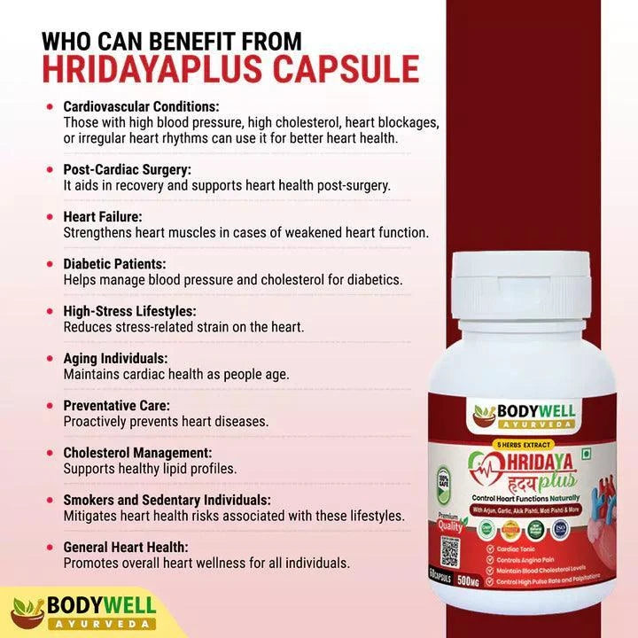 Bodywell Ayurveda HridayaPlus Capsules – Cardiovascular Wellness & Vascular Support – 60 Capsules (500mg)