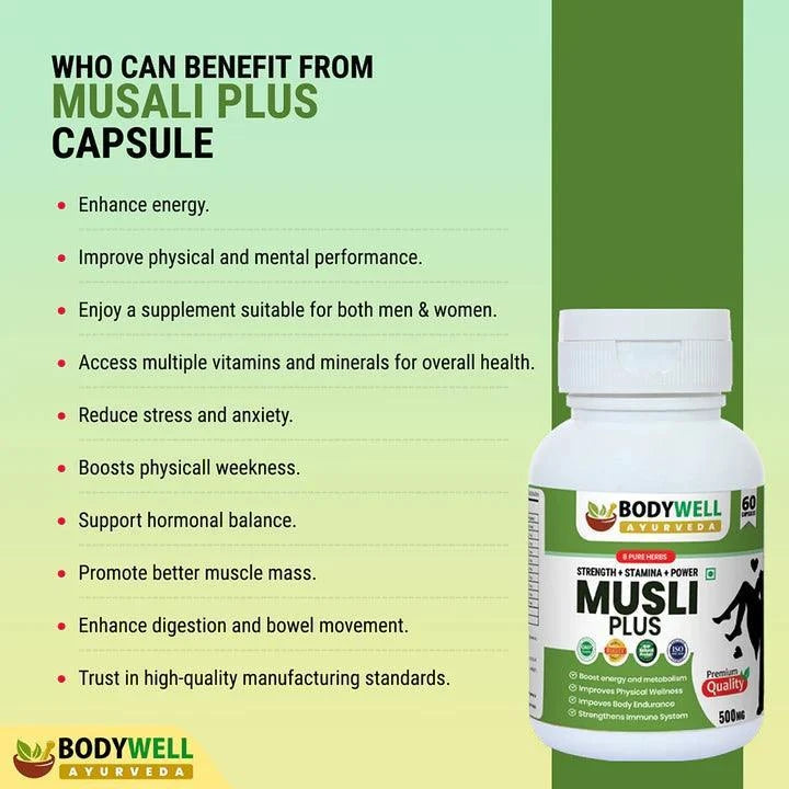 BodyWell Musli Plus Capsules – Premium Ayurvedic Vitality & Strength Support – 60 Capsules