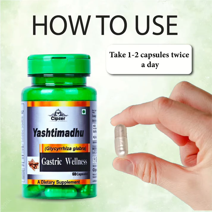 Cipzer Yashtimadhu 60 Capsules | GERD, Acidity & Ulcer Relief | Respiratory, Brain & Immunity Support