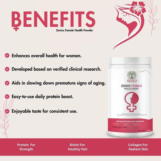 Zenius Female Health Powder - Women Protein Supplements for Protein, Women's Health, and Immunity - 500gm Powder