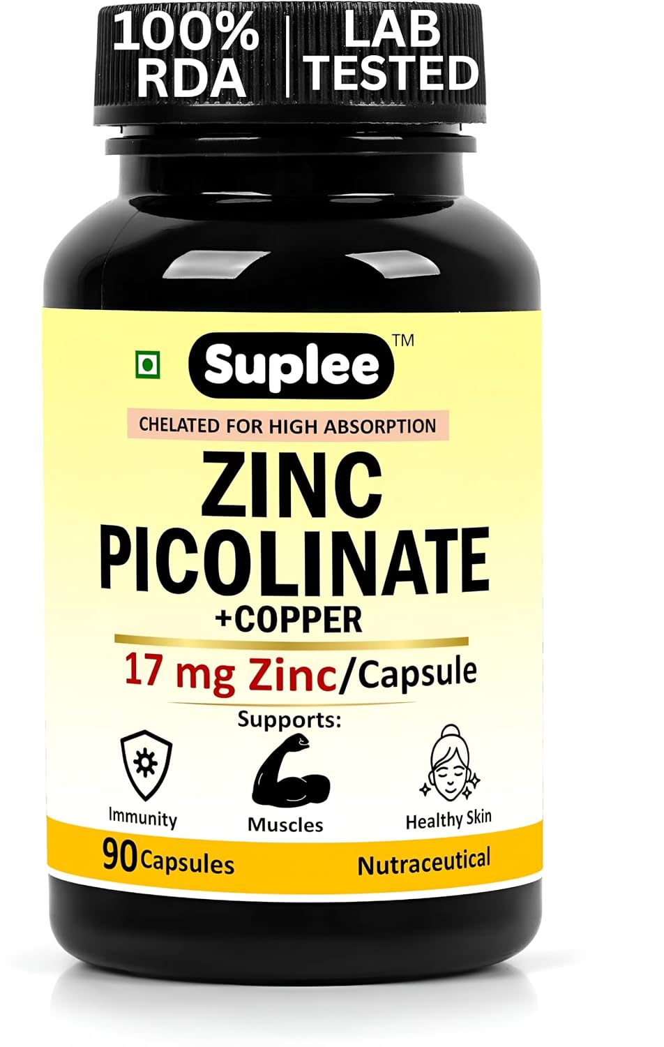 Suplee Zinc Picolinate with Copper Gluconate | High Absorption Zinc Supplement | Immunity, Skin Health & Muscle Support | 90 Veg Capsules
