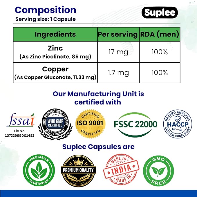 Suplee Zinc Picolinate with Copper Gluconate | High Absorption Zinc Supplement | Immunity, Skin Health & Muscle Support | 90 Veg Capsules
