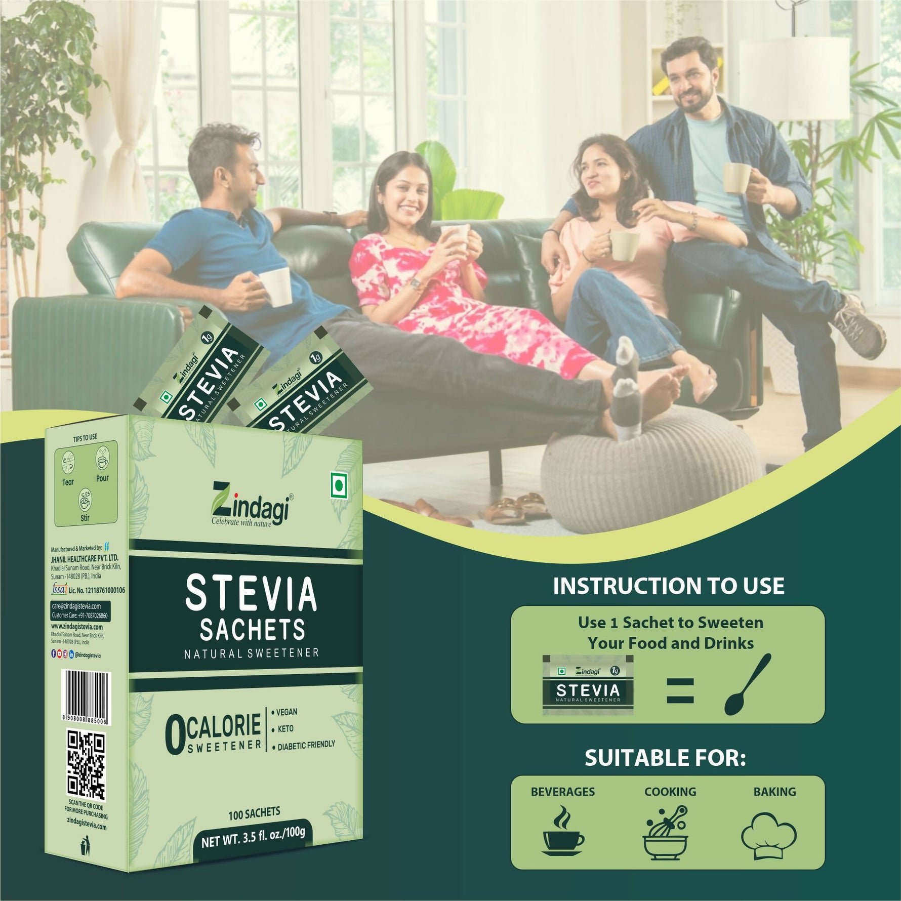 Zindagi Stevia Powder Sachets (100 Sachets) and Stevia White Powder (200 gm) - Natural Sugar Free Sweetener (combo pack)