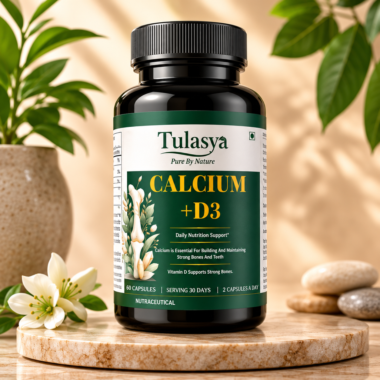 Tulasya Calcium + Vitamin D3 (60 Veg Capsules) | Bone Density, Joint Health & Muscle Support
