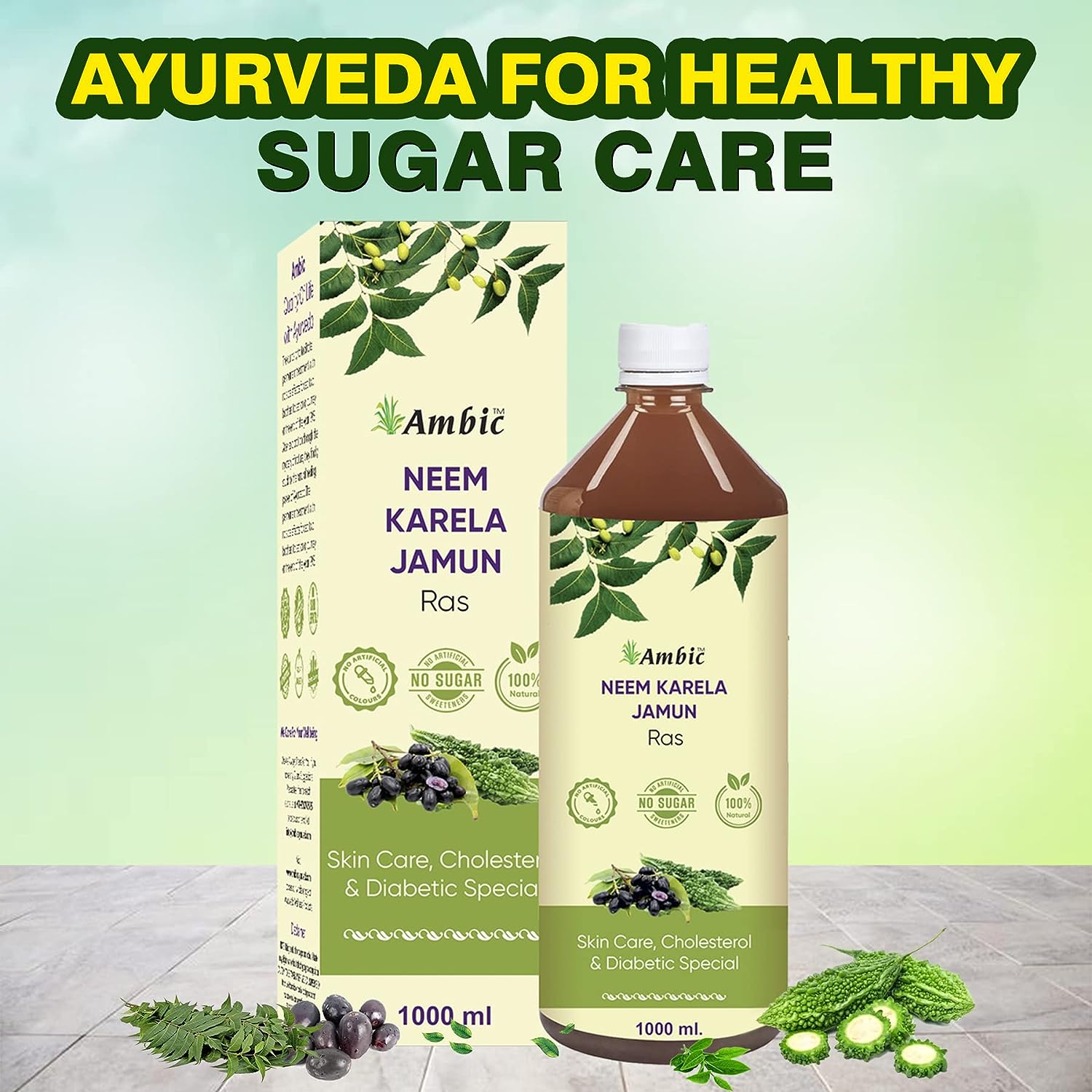 AMBIC Neem Karela Jamun Ayurvedic Juice Helps Maintain Healthy Sugar Levels I Skin & Diabetes Care 1L